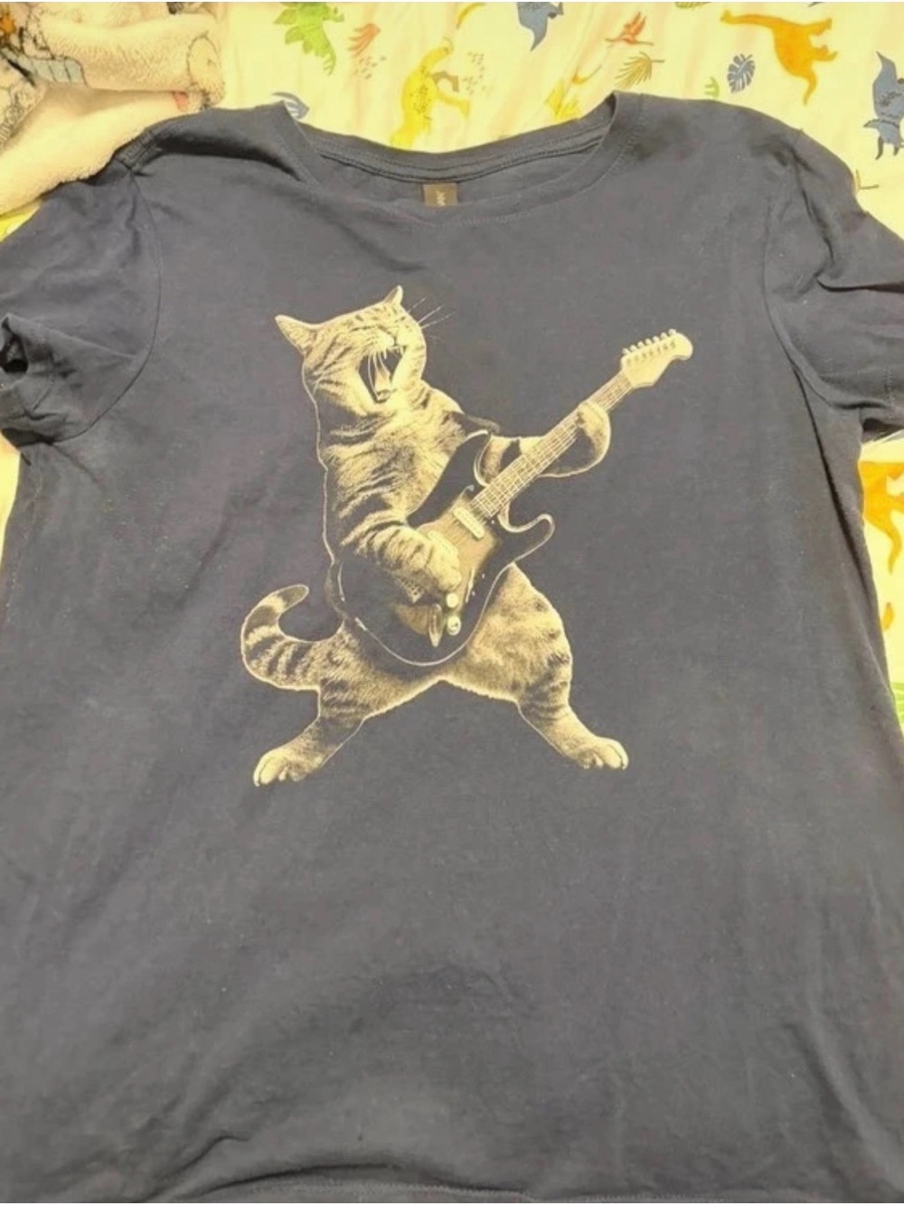 Gildan Navy Tee with Cream Cat Playing Guitar Graphic